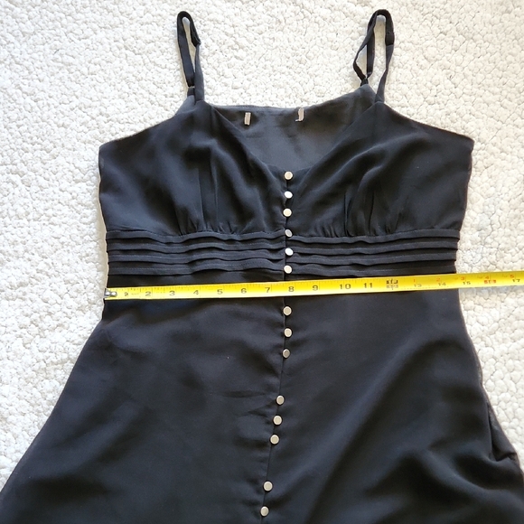 Black Slip Dress Camisole Straps High Low Hem silver tone buttons Pleated Waist - Picture 16 of 16